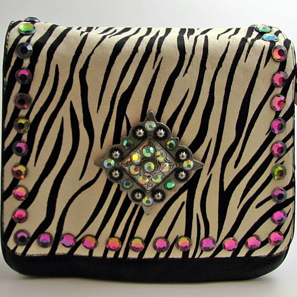 Zebra print vegan leather purse with cabochon gems